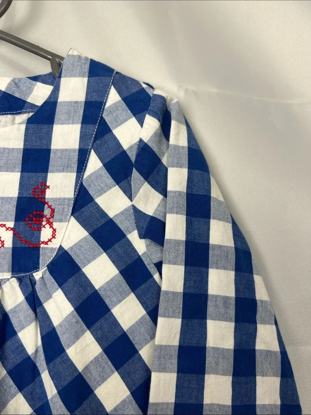 Polarn O. Pyret blue and white check long sleeve cotton dress cross stitching